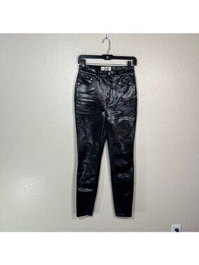 Free People Phoenix Coated Skinny Jeans Button Fly Patent Faux Leather Black 26